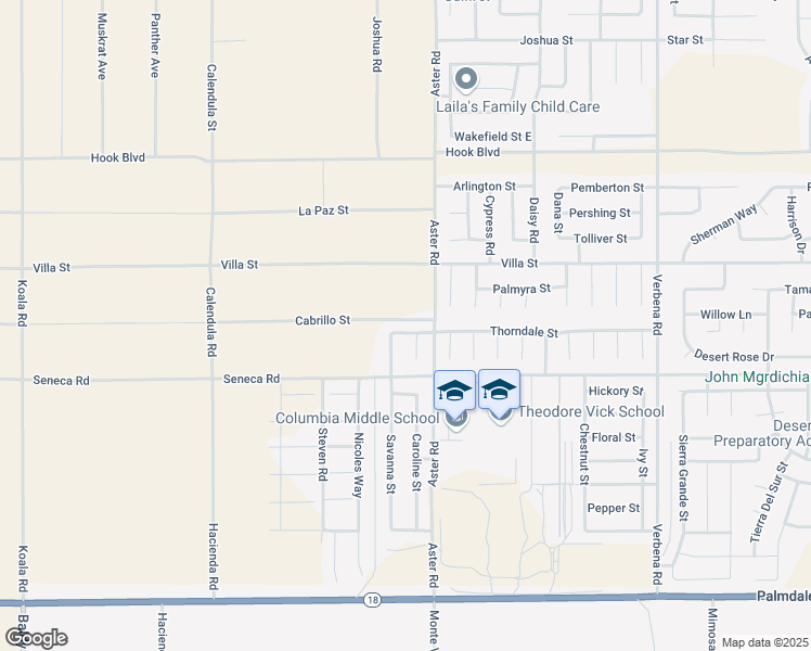 map of restaurants, bars, coffee shops, grocery stores, and more near 10452 Thorndale Street in Adelanto