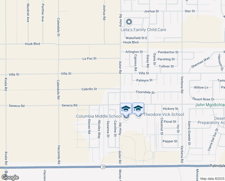 map of restaurants, bars, coffee shops, grocery stores, and more near 10452 Thorndale Street in Adelanto