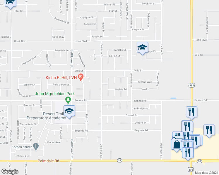 map of restaurants, bars, coffee shops, grocery stores, and more near 11554 Prairie Drive in Adelanto