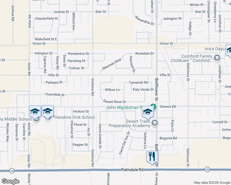 map of restaurants, bars, coffee shops, grocery stores, and more near 14584 Willow Court in Adelanto