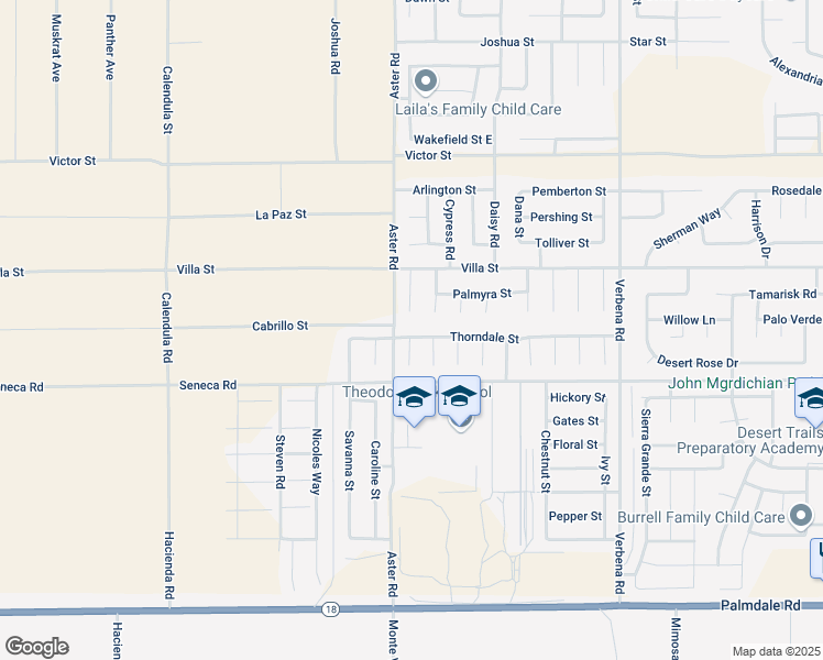 map of restaurants, bars, coffee shops, grocery stores, and more near 10554 Thorndale Street in Adelanto