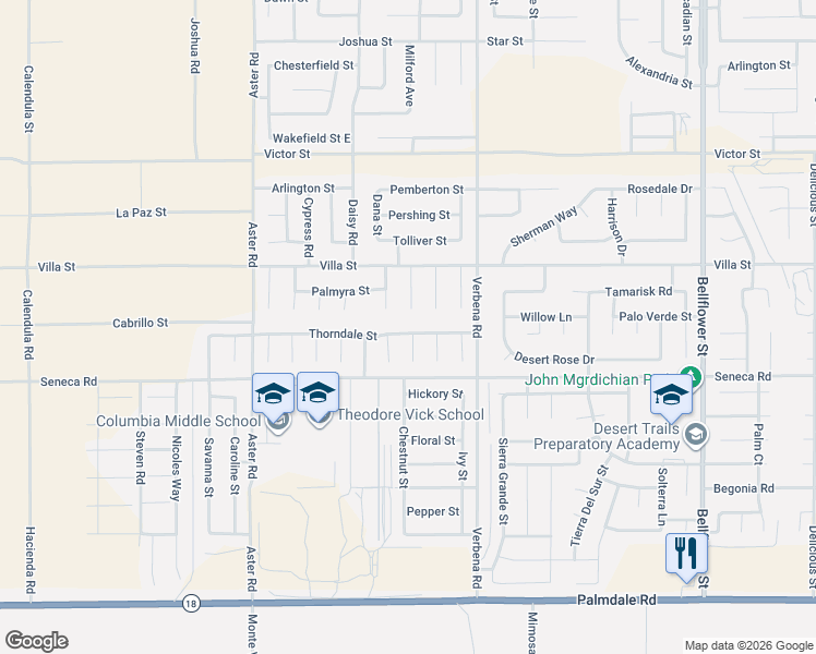 map of restaurants, bars, coffee shops, grocery stores, and more near 10786 Thorndale Street in Adelanto