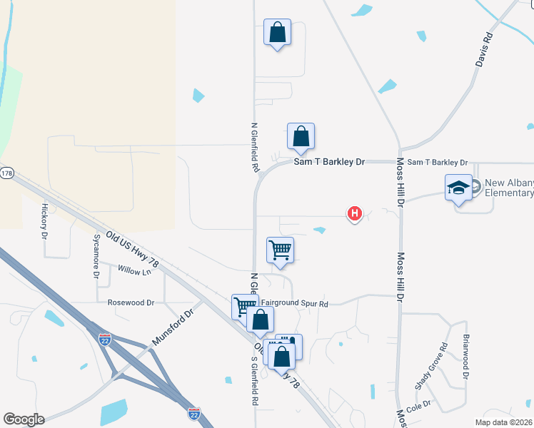 map of restaurants, bars, coffee shops, grocery stores, and more near 214-298 North Glenfield Road in New Albany