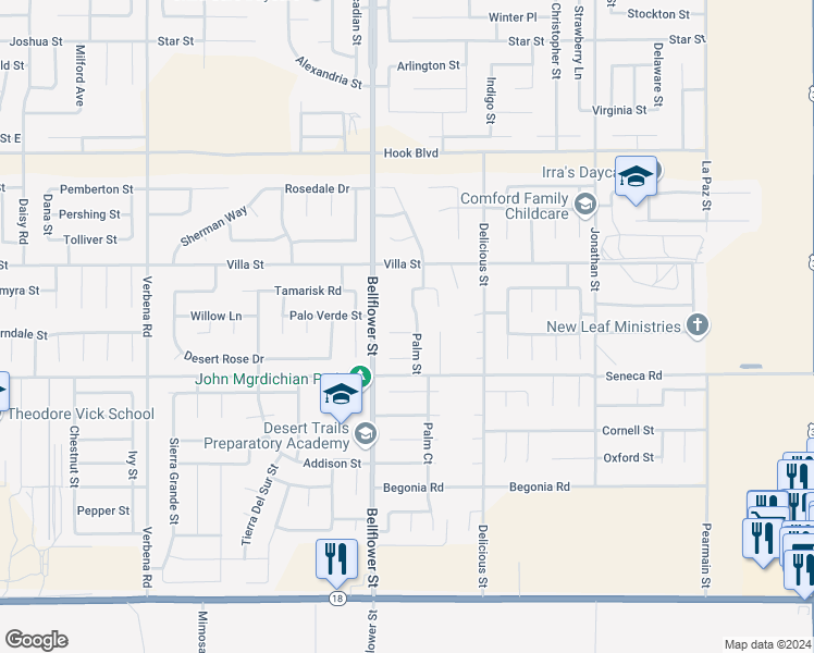 map of restaurants, bars, coffee shops, grocery stores, and more near 11384 Essex Court in Adelanto