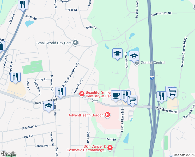 map of restaurants, bars, coffee shops, grocery stores, and more near 126 Shepherd Road Northeast in Calhoun