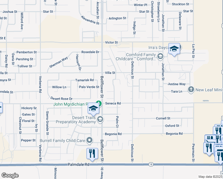 map of restaurants, bars, coffee shops, grocery stores, and more near 11384 Essex Court in Adelanto
