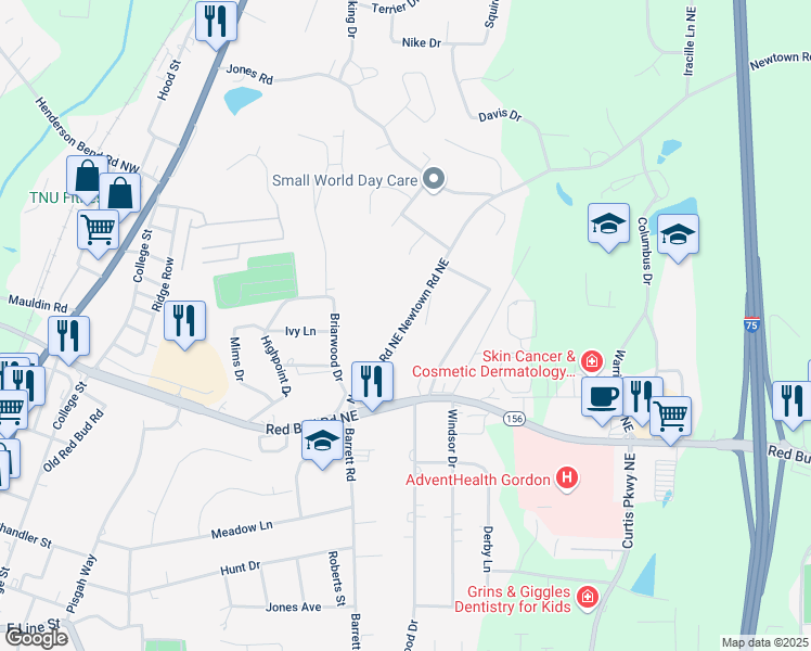 map of restaurants, bars, coffee shops, grocery stores, and more near 0 Newtown Road Northeast in Calhoun