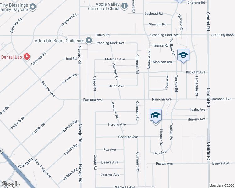 map of restaurants, bars, coffee shops, grocery stores, and more near 21896 Ramona Avenue in Apple Valley