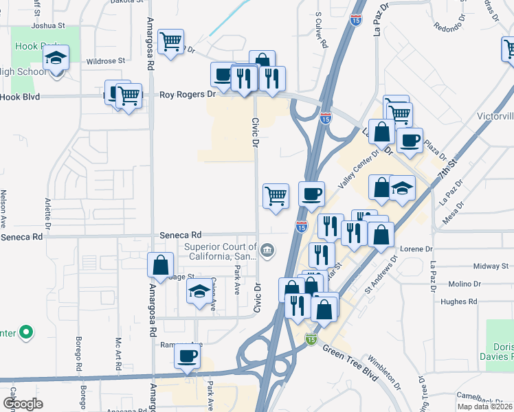 map of restaurants, bars, coffee shops, grocery stores, and more near Civic Drive in Victorville
