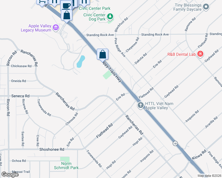 map of restaurants, bars, coffee shops, grocery stores, and more near 14487 Savannah Court in Apple Valley