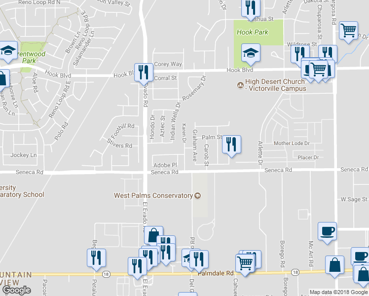 map of restaurants, bars, coffee shops, grocery stores, and more near 14604 Karen Drive in Victorville