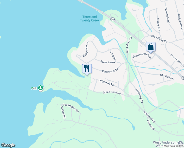map of restaurants, bars, coffee shops, grocery stores, and more near 135 Edgewater Drive in Anderson