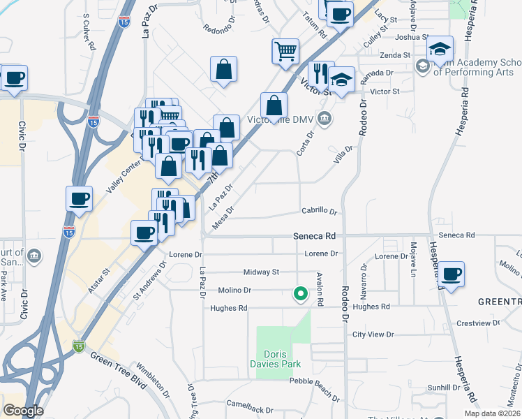 map of restaurants, bars, coffee shops, grocery stores, and more near 16321 Villa Drive in Victorville