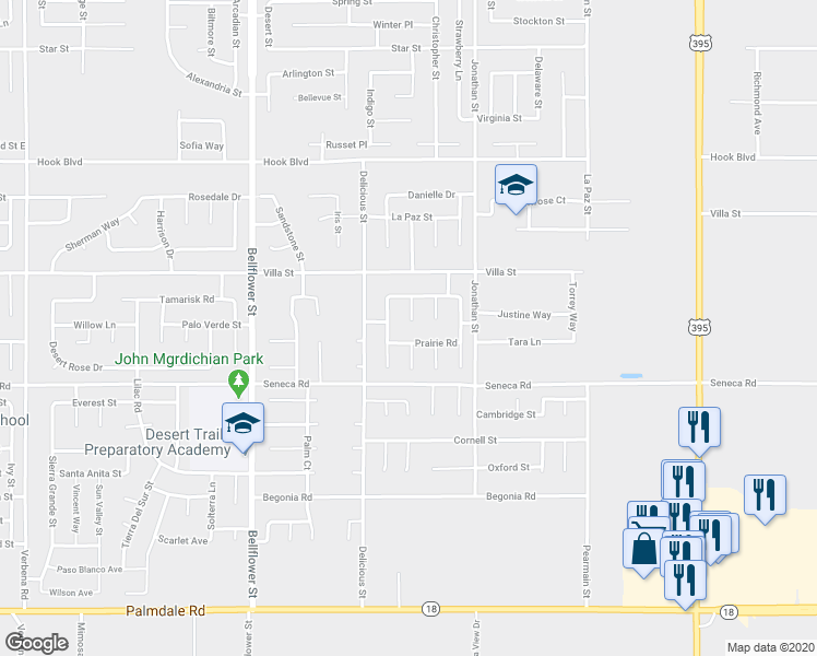 map of restaurants, bars, coffee shops, grocery stores, and more near 14588 Chicory Lane in Adelanto