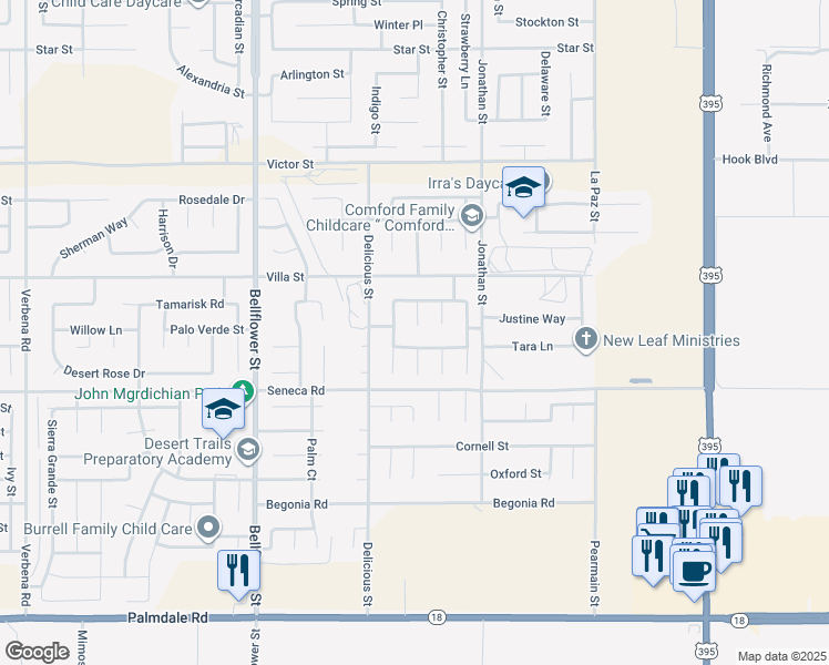 map of restaurants, bars, coffee shops, grocery stores, and more near 14588 Chicory Lane in Adelanto