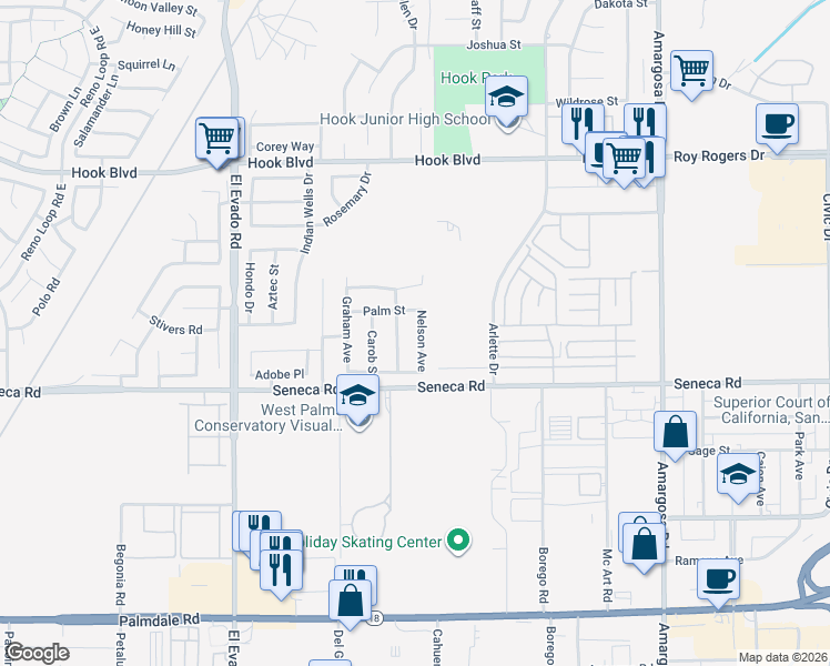 map of restaurants, bars, coffee shops, grocery stores, and more near 14622 Stonecress Street in Victorville