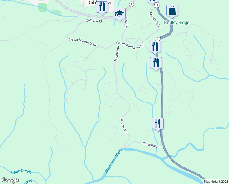 map of restaurants, bars, coffee shops, grocery stores, and more near 354 Golden Avenue in Dahlonega