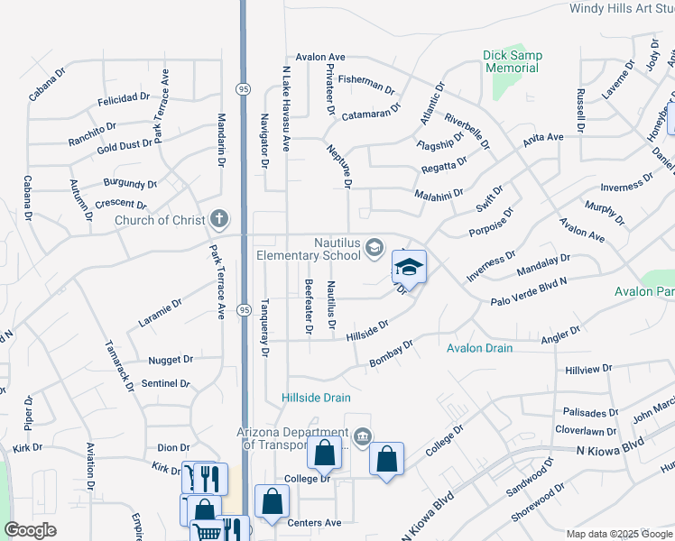 map of restaurants, bars, coffee shops, grocery stores, and more near 1470 Nautilus Drive in Lake Havasu City