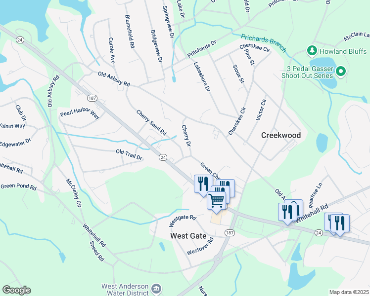 map of restaurants, bars, coffee shops, grocery stores, and more near 329 Cherry Drive in Anderson