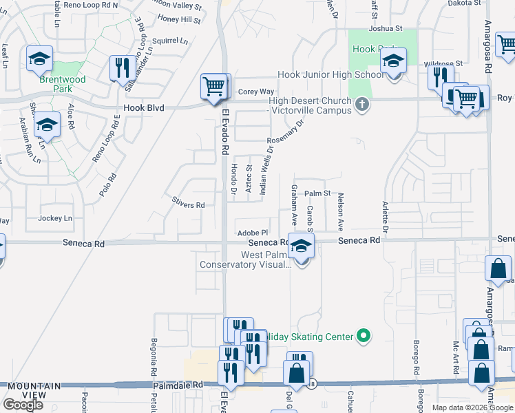 map of restaurants, bars, coffee shops, grocery stores, and more near 14601 Apache Drive in Victorville