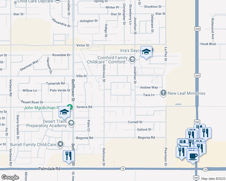 map of restaurants, bars, coffee shops, grocery stores, and more near 11554 Prairie Drive in Adelanto