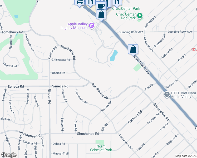 map of restaurants, bars, coffee shops, grocery stores, and more near 20430 Rancherias Road in Apple Valley