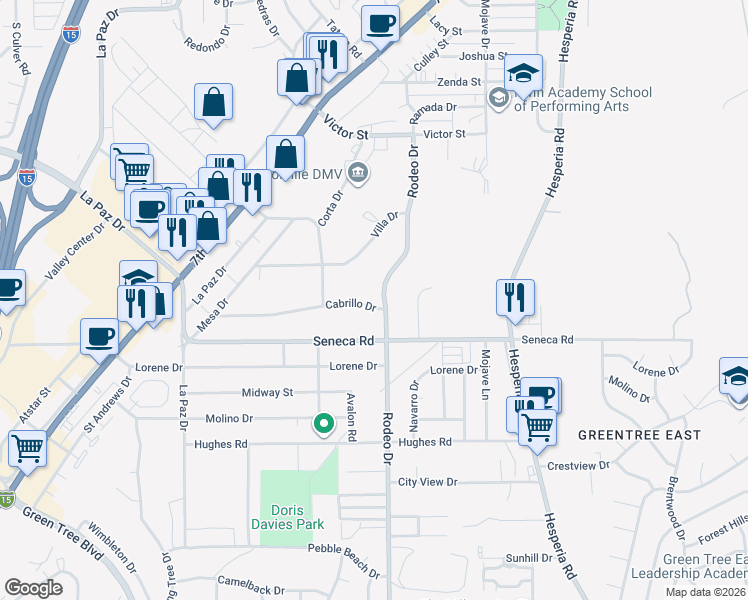 map of restaurants, bars, coffee shops, grocery stores, and more near 16470 Cabrillo Drive in Victorville
