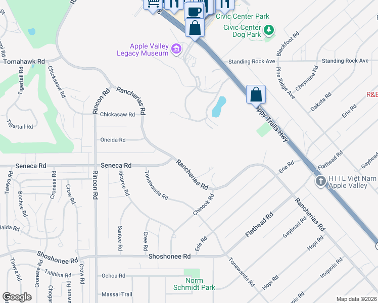 map of restaurants, bars, coffee shops, grocery stores, and more near 20430 Rancherias Road in Apple Valley