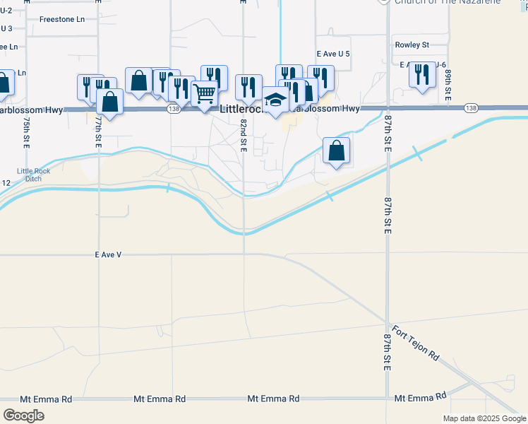 map of restaurants, bars, coffee shops, grocery stores, and more near Pearblossom Highway in Littlerock