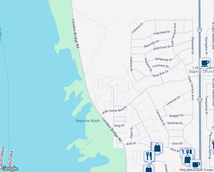 map of restaurants, bars, coffee shops, grocery stores, and more near 1651 Sailing Hawks Drive in Lake Havasu City