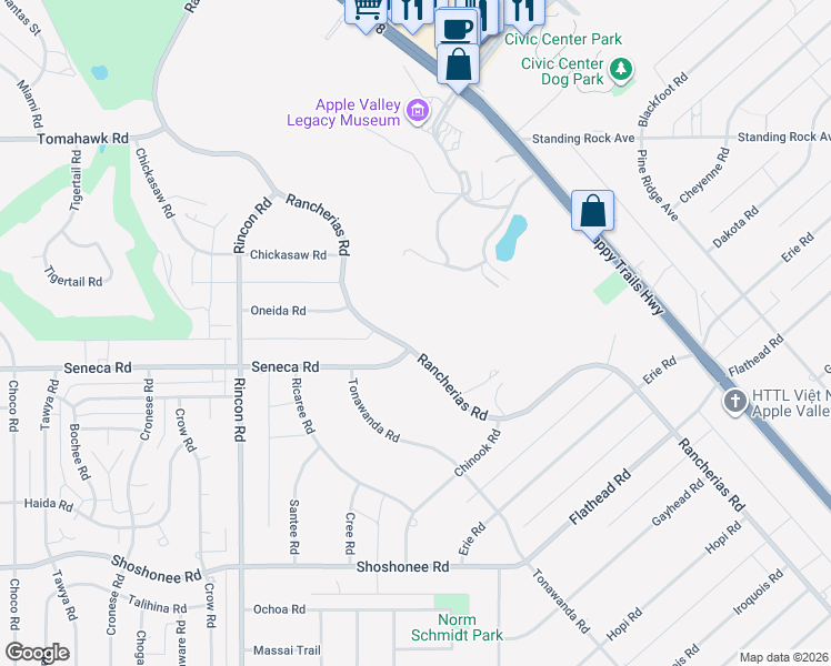 map of restaurants, bars, coffee shops, grocery stores, and more near 20324 Rancherias Road in Apple Valley