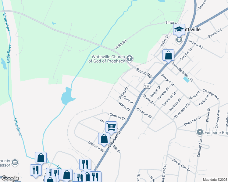 map of restaurants, bars, coffee shops, grocery stores, and more near 322 Cora Street in Laurens