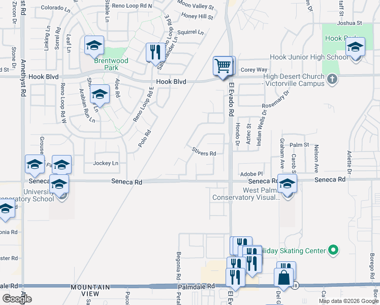 map of restaurants, bars, coffee shops, grocery stores, and more near 14643 Foothill Road in Victorville