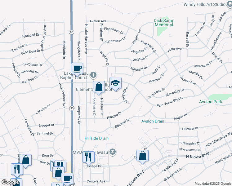 map of restaurants, bars, coffee shops, grocery stores, and more near 1425 Patrician Drive in Lake Havasu City