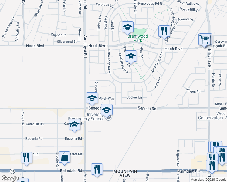 map of restaurants, bars, coffee shops, grocery stores, and more near 14604 Hummingbird Road in Victorville