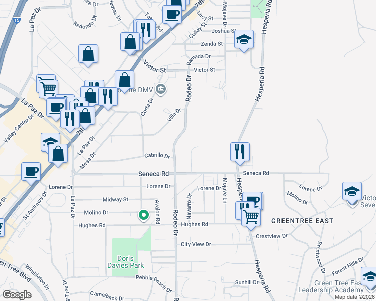 map of restaurants, bars, coffee shops, grocery stores, and more near 14598 Navarro Drive in Victorville