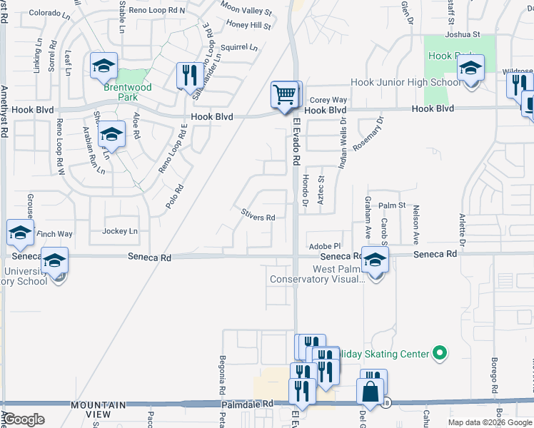 map of restaurants, bars, coffee shops, grocery stores, and more near 14447 El Grande Way in Victorville