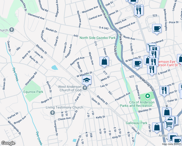 map of restaurants, bars, coffee shops, grocery stores, and more near 700 West Mauldin Street in Anderson