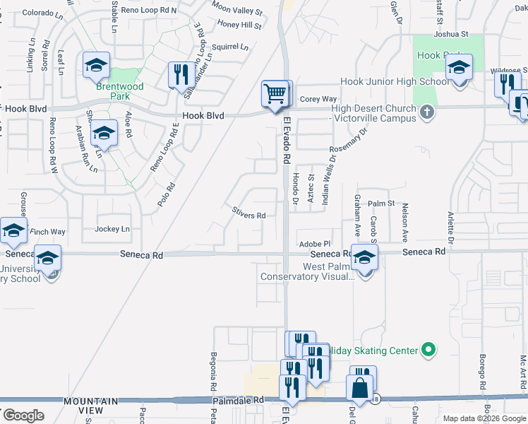 map of restaurants, bars, coffee shops, grocery stores, and more near 14447 El Grande Way in Victorville