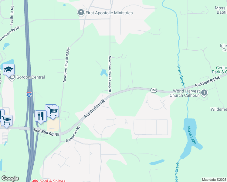 map of restaurants, bars, coffee shops, grocery stores, and more near 134 Newtown Creek Loop Northeast in Calhoun