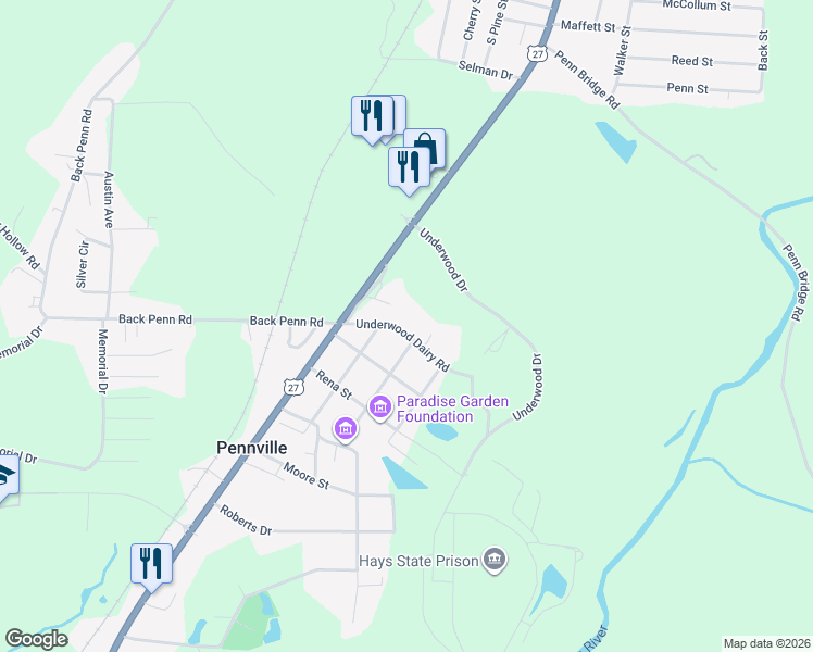 map of restaurants, bars, coffee shops, grocery stores, and more near 131 Underwood Dairy Road in Summerville