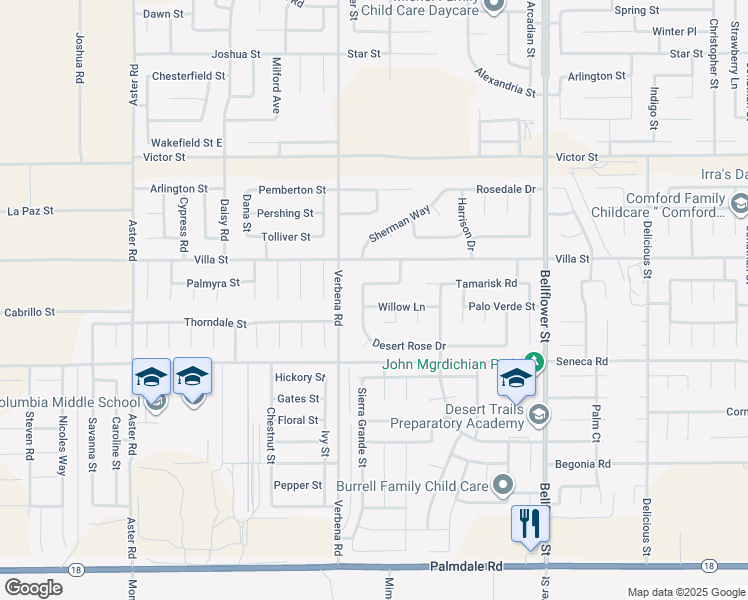 map of restaurants, bars, coffee shops, grocery stores, and more near 10966 Willow Lane in Adelanto