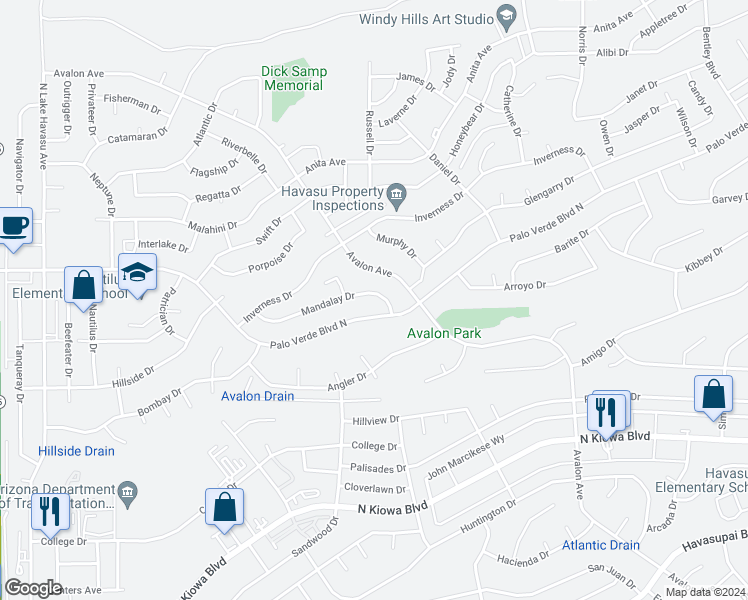 map of restaurants, bars, coffee shops, grocery stores, and more near 2480 Mandalay Drive in Lake Havasu City