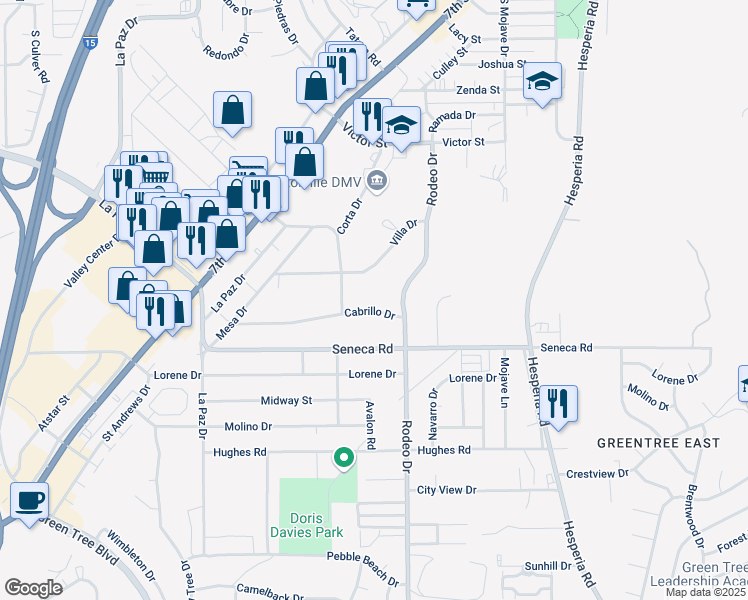 map of restaurants, bars, coffee shops, grocery stores, and more near 16464 Desert Knoll Drive in Victorville