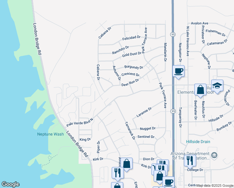 map of restaurants, bars, coffee shops, grocery stores, and more near 1791 Palo Verde Boulevard North in Lake Havasu City