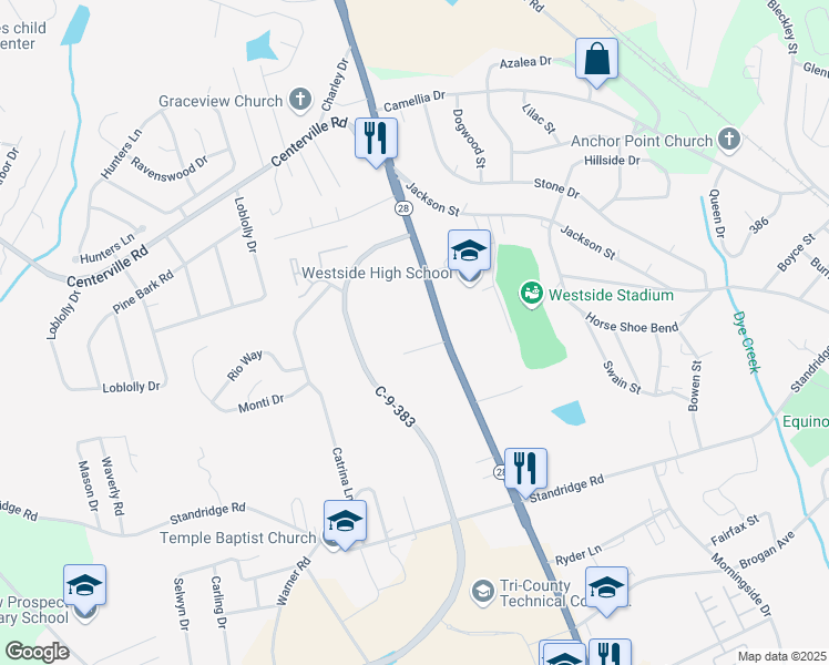 map of restaurants, bars, coffee shops, grocery stores, and more near 110 Extended Lane in Anderson