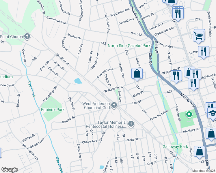 map of restaurants, bars, coffee shops, grocery stores, and more near 1006 Bowman Avenue in Anderson