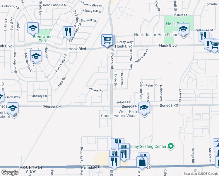 map of restaurants, bars, coffee shops, grocery stores, and more near 14630 Hondo Drive in Victorville