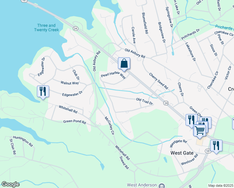 map of restaurants, bars, coffee shops, grocery stores, and more near 1718 Old Trail Drive in Anderson