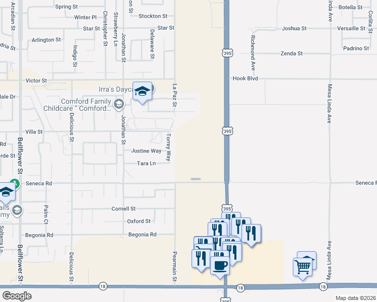map of restaurants, bars, coffee shops, grocery stores, and more near Pearmain Street in Adelanto